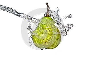 Fresh water splash on green pear