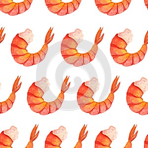 Fresh watercolor shrimps seamless pattern. Hand-drawn illustration. Peeled seafood delicacies. Boiled prawn meat.