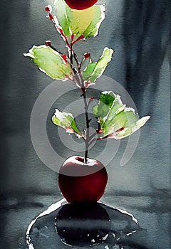 Fresh watercolor sprout with red apple vertical poster.