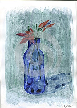 Fresh watercolor still life with blue bottle,  and chili peppers. Modern graphics for cooking, article,