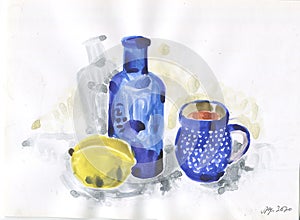 Fresh watercolor still life with blue bottle, lemon and cup on white background. Modern graphics