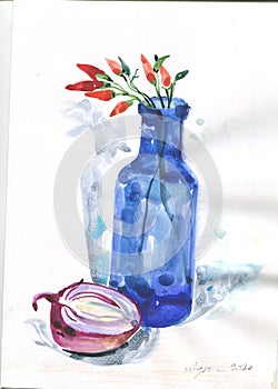 Fresh watercolor still life with blue bottle, onions and chili peppers on white background. Modern graphics for cooking, article,