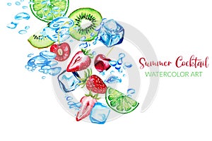 Fresh watercolor strawberries, qiwi slices and cherries