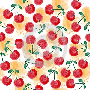 Fresh watercolor summer pattern with cherries