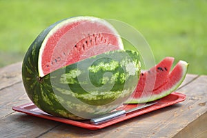 Fresh watermelon close up on the table.