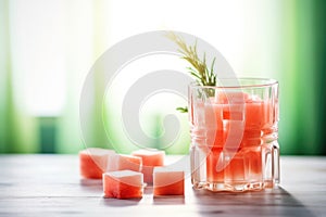 fresh watermelon cubes beside a glass of juice, morning light