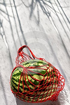 Fresh watermelon fruit delivery in reusable grocery bag shadow plant table. Healthy diet and sustainability concept