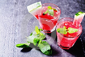 Fresh watermelon juice with mint, lemonade. Healthy drink for summer with vitamins, for vegetarian.