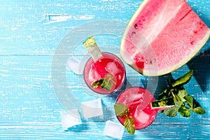 Fresh watermelon juice with mint, lemonade. Healthy drink for summer with vitamins, for vegetarian.