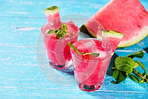 Fresh watermelon juice with mint, lemonade. Healthy drink for summer with vitamins, for vegetarian.
