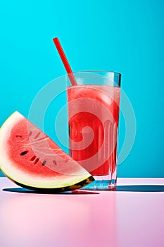 Fresh watermelon juice or smoothie in glasses, watermelon slices on blue background. Refreshing summer drink. Copy space