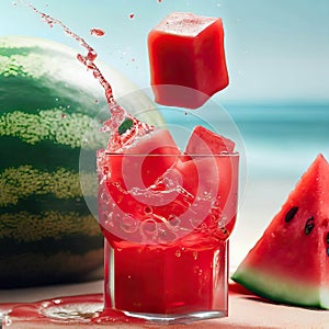 Fresh Watermelon Juice Splash, Tropical Scene in Background