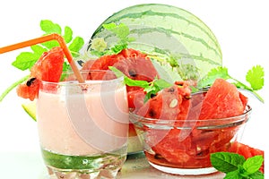 Fresh watermelon milkshake with fruit photo