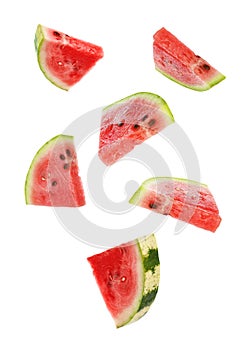 Fresh watermelon pieces falling on white background