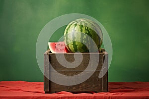 Fresh watermelon in rustic wooden crate