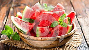 Fresh Watermelon Slices with Mint in Wooden Bowl