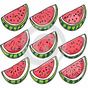 Fresh watermelon slices pattern scattered randomly. Juicy red watermelon pieces, ripe summer fruit