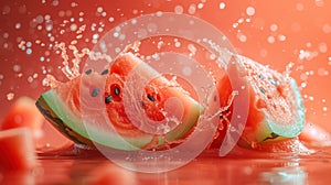 Fresh Watermelon Slices Splashing in Pink Liquid