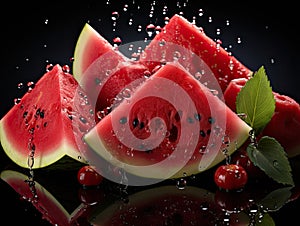 fresh watermelon slices with water splash on clean background
