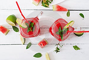 Fresh watermelon smoothies with lime and mint
