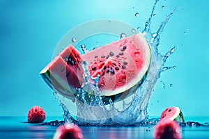 Fresh Watermelon splash in blue background, water drops