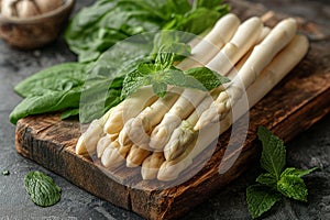 Fresh white asparagus and ramson leaves on chopping board