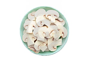 Fresh white champignon mushrooms on mint plate isolated on white background