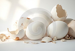 Fresh white eggs with broken shells scattered on a light background
