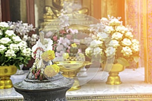 Fresh white jasmin flower elaborate. Thailand tradition buddism use for ceremony in temple. group of fresh white nelumbo lotus flo
