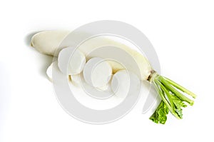 Fresh white radish with slices isolated on white background