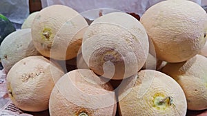 Fresh whole cantaloupe melons or muskmelon on display at a market with a focus on their textured rinds selling in local fruit