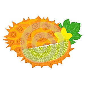 Fresh whole and cut sliced yellow kiwano fruit isolated on white background. Summer fruits for healthy lifestyle