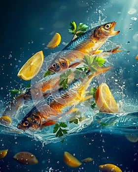 Fresh Whole Fish with Lemon and Parsley Plunging into Water with Dynamic Splashes and Bubbles Against a Blue Background