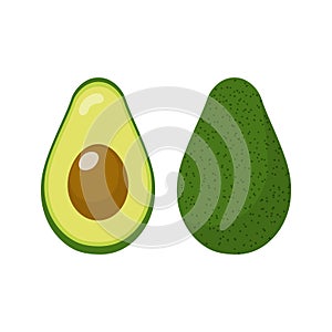 Fresh whole and half avocado isolated on white background. Organic food. Cartoon style. Vector illustration for design.