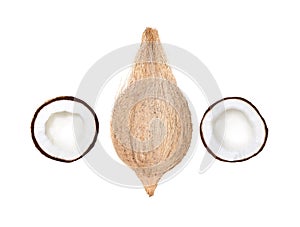 Fresh whole and half coconut isolated on white background