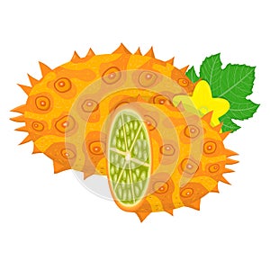 Fresh whole and half cut yellow kiwano fruit isolated on white background. Summer fruits for healthy lifestyle. Organic