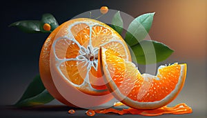Fresh Whole and Half Orange Fruit on Dark Background AI Generative