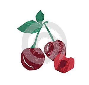 Fresh whole and half sweet cherry vector flat illustration. Ripe red edible plant with stem and leaves isolated on white