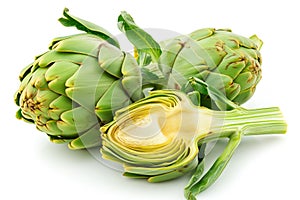 Fresh Whole and Halved Artichokes on White Background