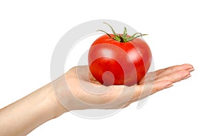 Fresh whole raw red tomato with green leaf and hand, isolated on white background