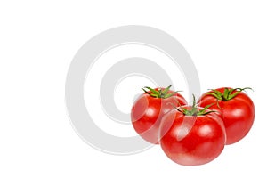 Fresh whole raw red tomato with green leaf, isolated on white background, copy space template