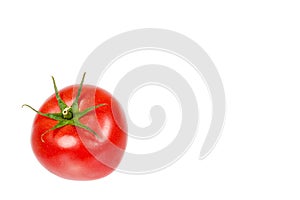 Fresh whole raw red tomato with green leaf, isolated on white background, copy space template