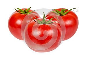 Fresh whole raw red tomato with green leaf, isolated on white background