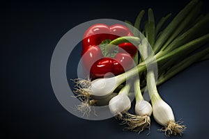 Fresh whole red bell pepper with spring onions