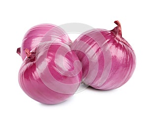 Fresh whole red onions on white