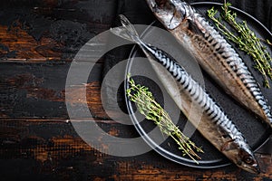 Fresh whole seafish with ingredients on wooden table, top view with copy space