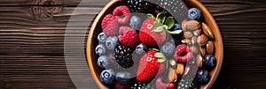 Fresh wild berries and nuts on a wooden background, top view with enough copy space