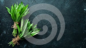 Fresh wild garlic leaves on black background. Wild leek. Top view.