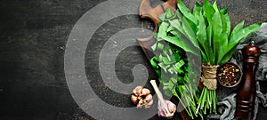 Fresh wild garlic leaves on a wooden background. Top view.