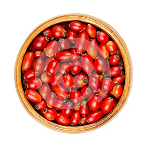 Fresh wild rose hips in a wooden bowl photo
